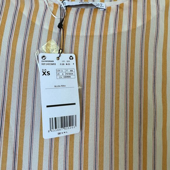 MNG NWT Suit Orange/Red/Blue Striped Tie Sleeved Sheer Lined Blouse Size 2 - Picture 7 of 11